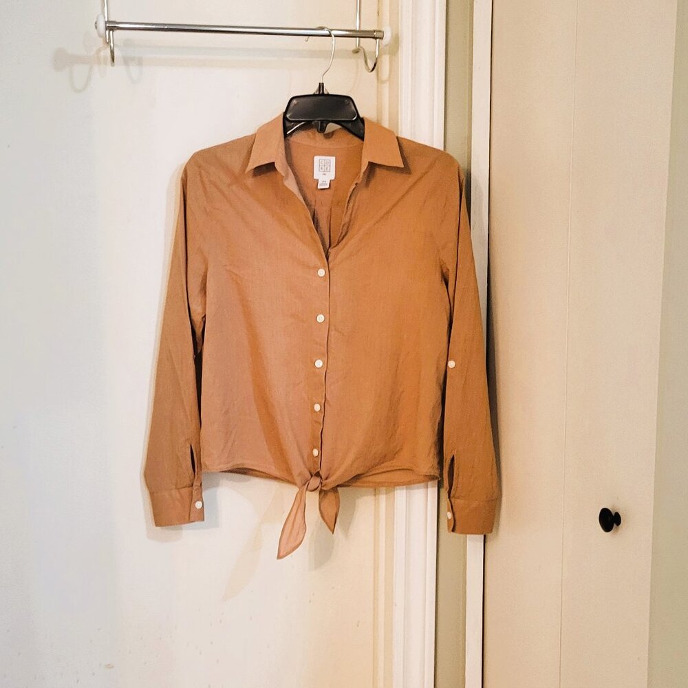 100% Organic Cotton Tie Front Button Shirt Blouse With Collar Light Brown 🤎